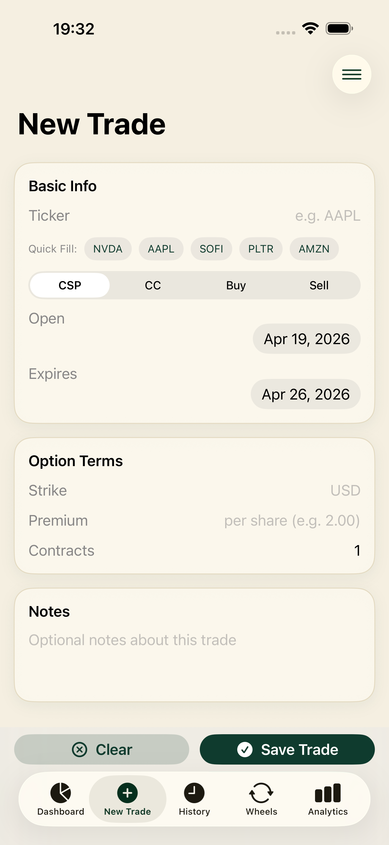 Options Wheel Pro new trade form